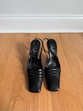 Casadei Black Leather Square-Toe Slingback Heels